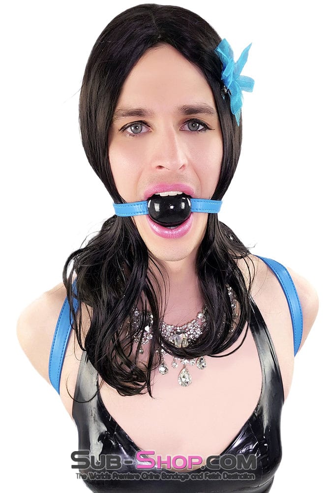 1617DL-SIS Pretty Sissy Boi Black Rubber Ballgag on Tantric Professional Dominatrix Blue Strap