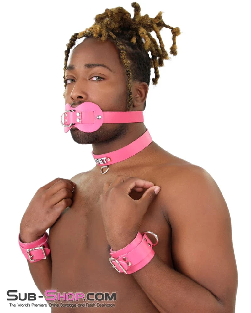 0978A-SIS Pretty Sissy Slave Quiet Hot Pink BDSM Training Leather Double Mouth Guard Gag - Image 7