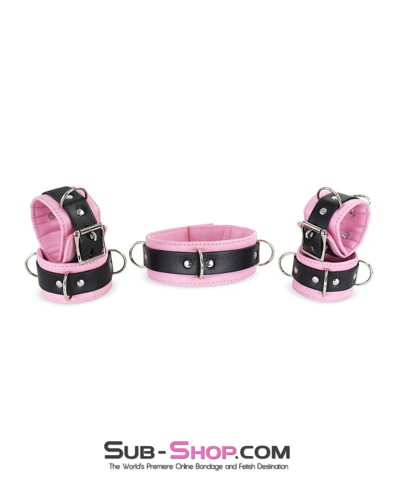 9943DL Princess Pink and Black Collar with Wrist and Ankle Cuffs Set