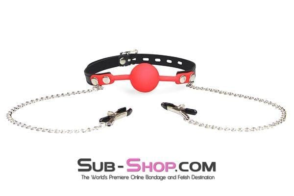 3755RS      Red Silicone Locking Ball Gag and Nipple Clamps Set - LAST CHANCE - Final Closeout! - Image 2