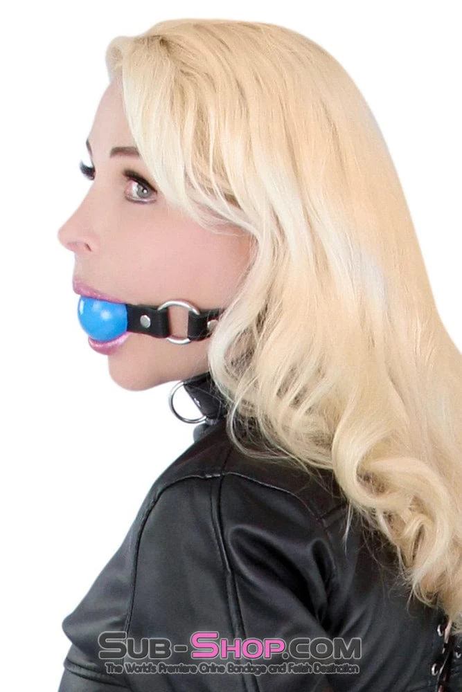 6909A Rings of Submission, Candy Blue Ball, Black Leather Strap Ballgag - Image 9