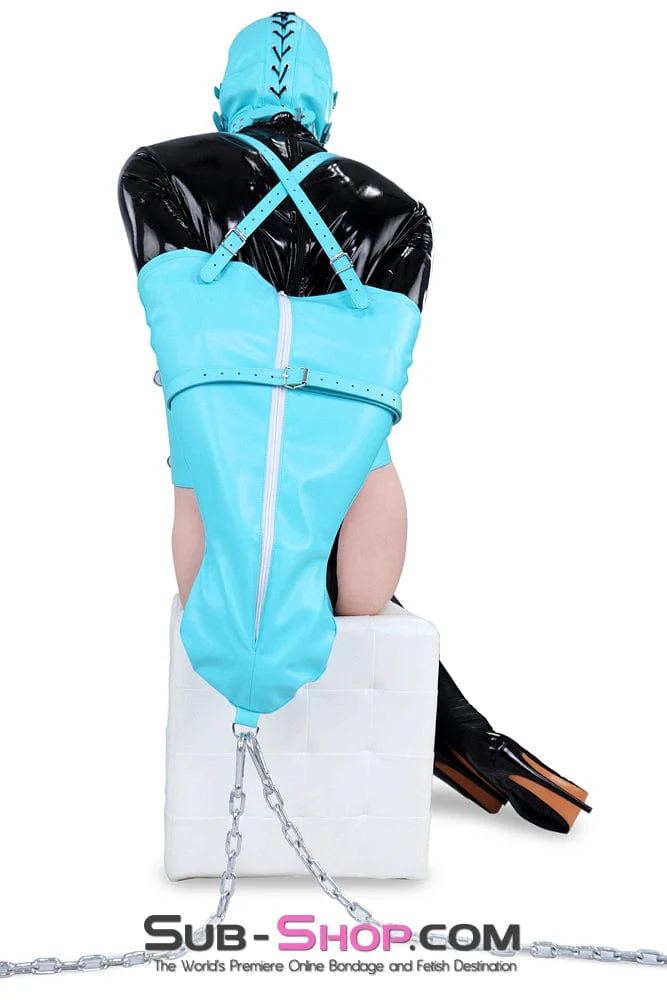 7302DL-SIS      Satin Lined Diamond Blue Feminization BDSM Training Zipper Armbinder + Bondage Glove Sissy Set - Image 4