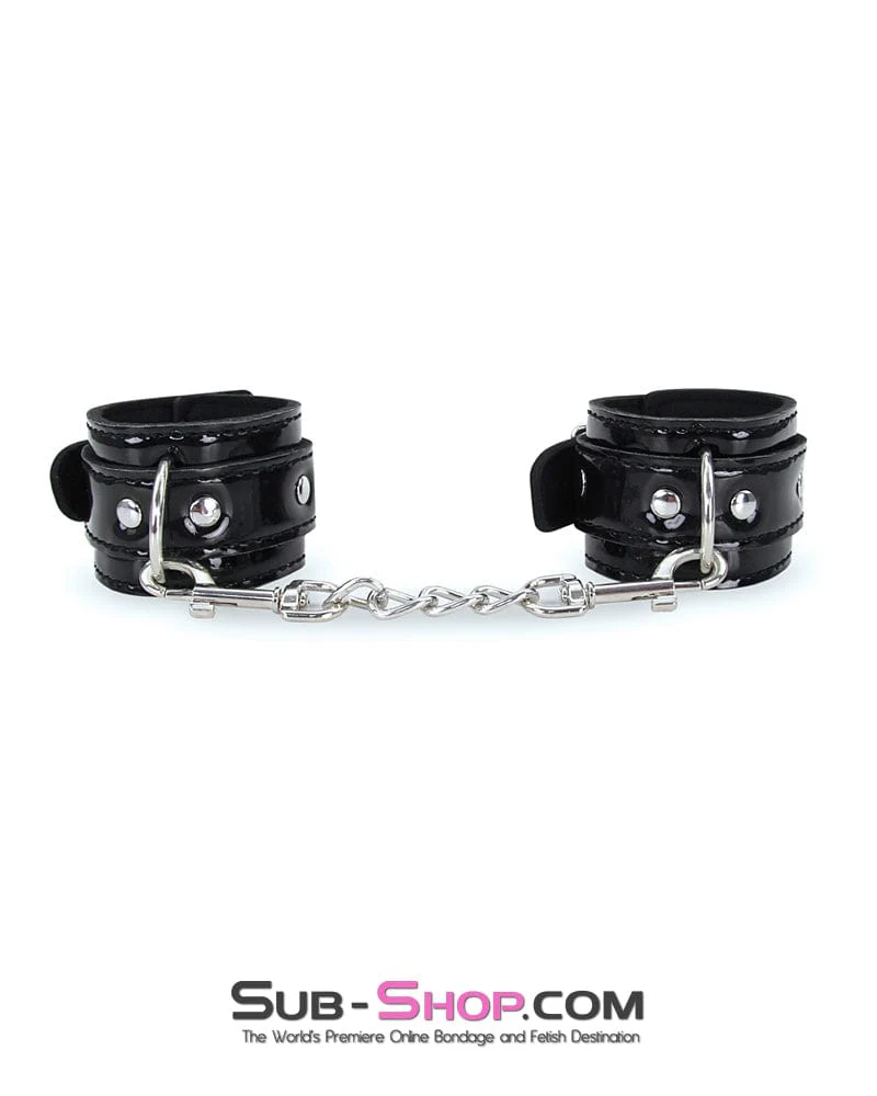 7872RS Shiny Patent Vegan Leather Black Wrist Bondage Cuffs with Chains - Image 8