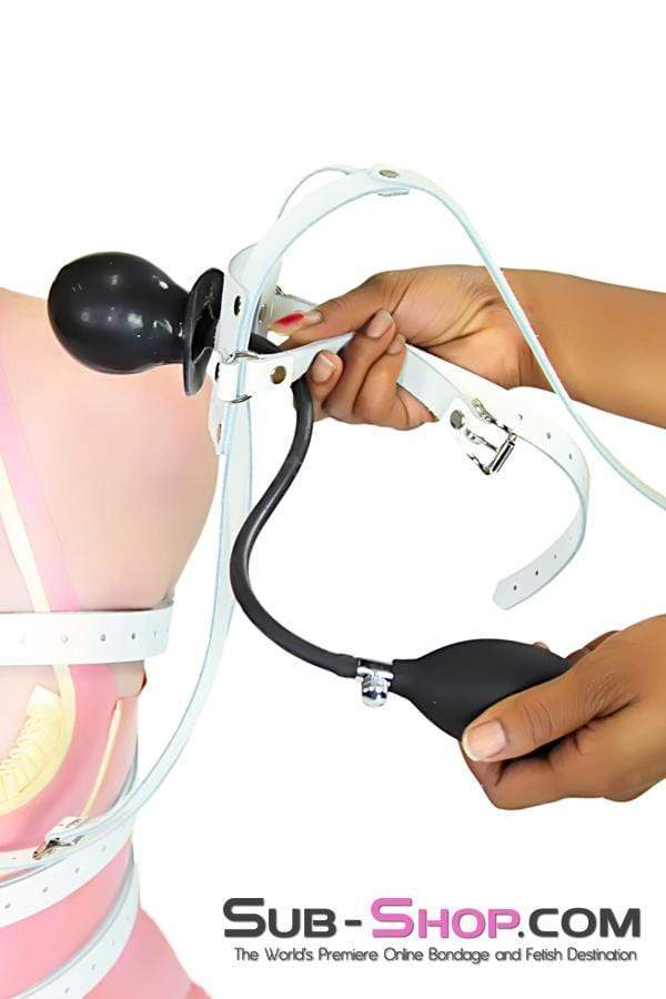 0961A-SIS White Leather Sissy Mouth Trainer Penis Pump Gag with Inflatable Dildo Gag