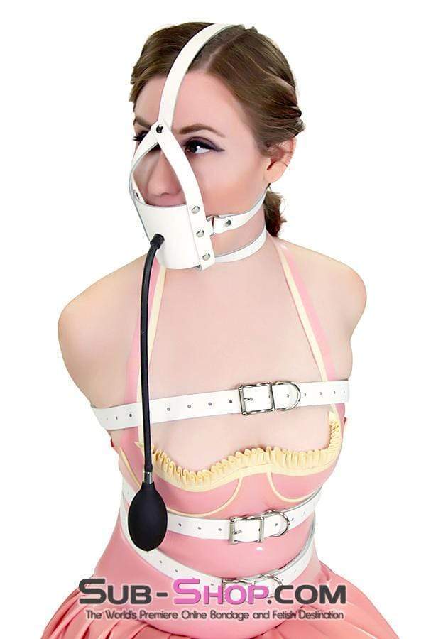 0961A-SIS White Leather Sissy Mouth Trainer Penis Pump Gag with Inflatable Dildo Gag - Image 11