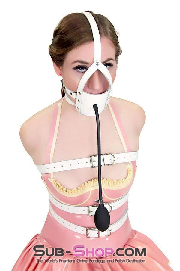 0961A-SIS White Leather Sissy Mouth Trainer Penis Pump Gag with Inflatable Dildo Gag - Image 12