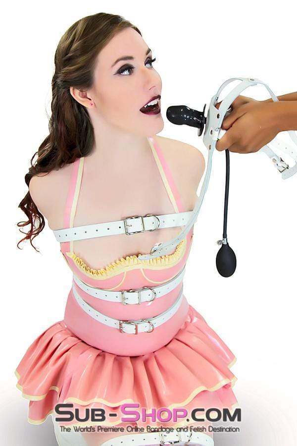 0961A-SIS White Leather Sissy Mouth Trainer Penis Pump Gag with Inflatable Dildo Gag - Image 13