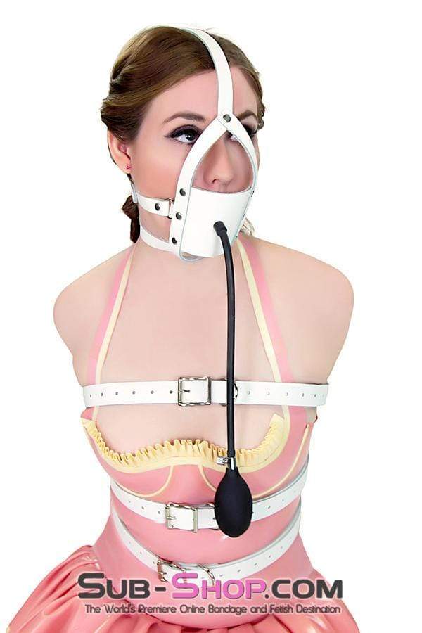 0961A-SIS White Leather Sissy Mouth Trainer Penis Pump Gag with Inflatable Dildo Gag - Image 14