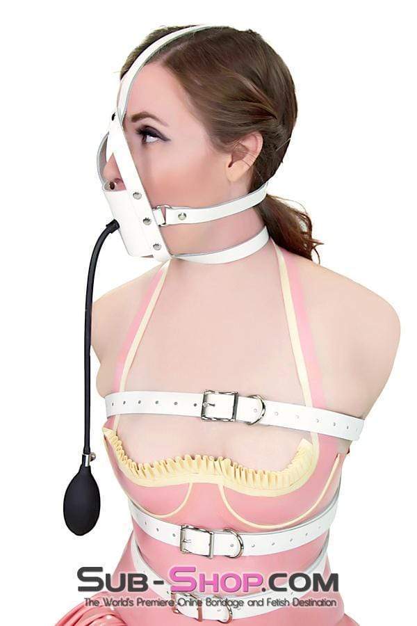 0961A-SIS White Leather Sissy Mouth Trainer Penis Pump Gag with Inflatable Dildo Gag - Image 15