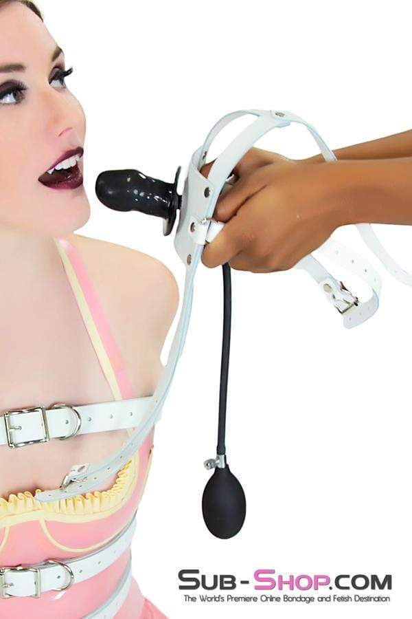 0961A-SIS White Leather Sissy Mouth Trainer Penis Pump Gag with Inflatable Dildo Gag - Image 16