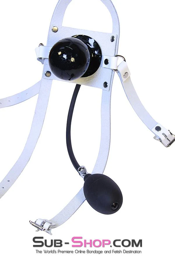 0961A-SIS White Leather Sissy Mouth Trainer Penis Pump Gag with Inflatable Dildo Gag - Image 2