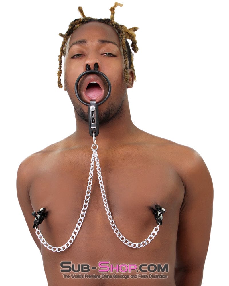 2702M-SIS Sissy Slave Vixen Open Wide and Take It Mouth Spreader Dominant Female Gag with Nipple Clamps Set
