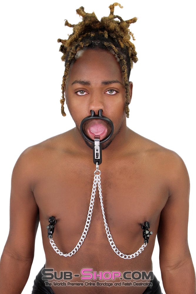 2702M-SIS Sissy Slave Vixen Open Wide and Take It Mouth Spreader Dominant Female Gag with Nipple Clamps Set - Image 3