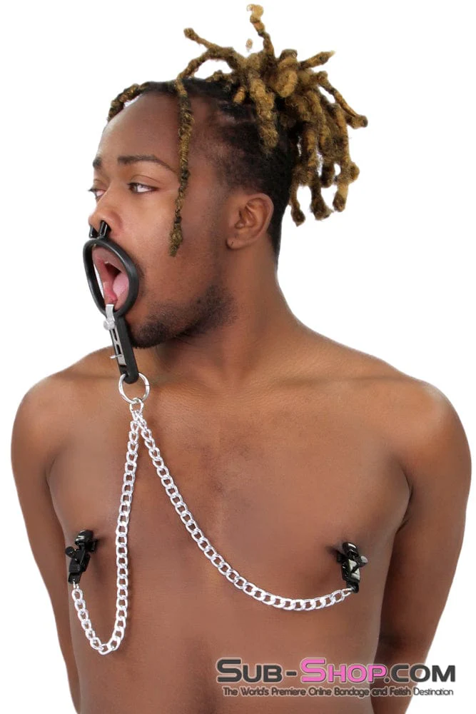 2702M-SIS Sissy Slave Vixen Open Wide and Take It Mouth Spreader Dominant Female Gag with Nipple Clamps Set - Image 4