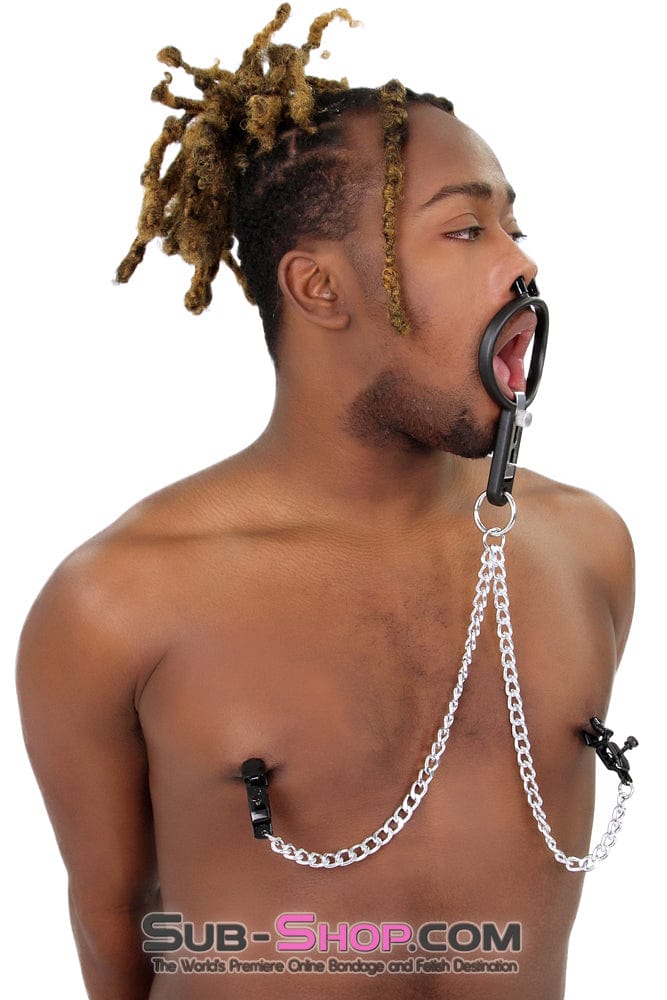 2702M-SIS Sissy Slave Vixen Open Wide and Take It Mouth Spreader Dominant Female Gag with Nipple Clamps Set - Image 6