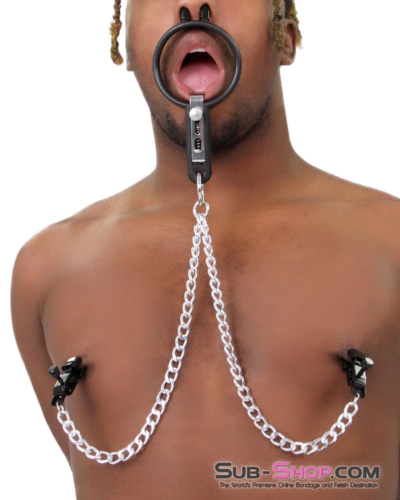 2702M-SIS Sissy Slave Vixen Open Wide and Take It Mouth Spreader Dominant Female Gag with Nipple Clamps Set - Image 8