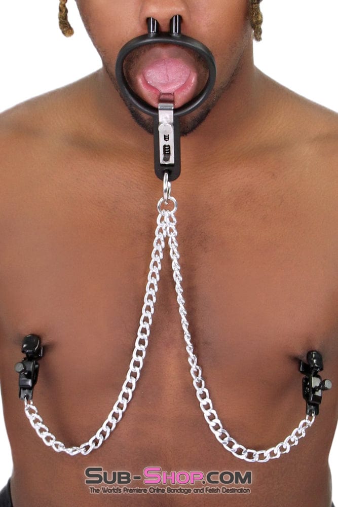 2702M-SIS Sissy Slave Vixen Open Wide and Take It Mouth Spreader Dominant Female Gag with Nipple Clamps Set - Image 9