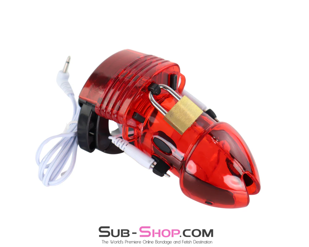 6935AR-SIS   Electro Male Locking Electric Chastity Cage with Spacers and E-Stim Cable, Red for Sissy Slut Training - Image 4