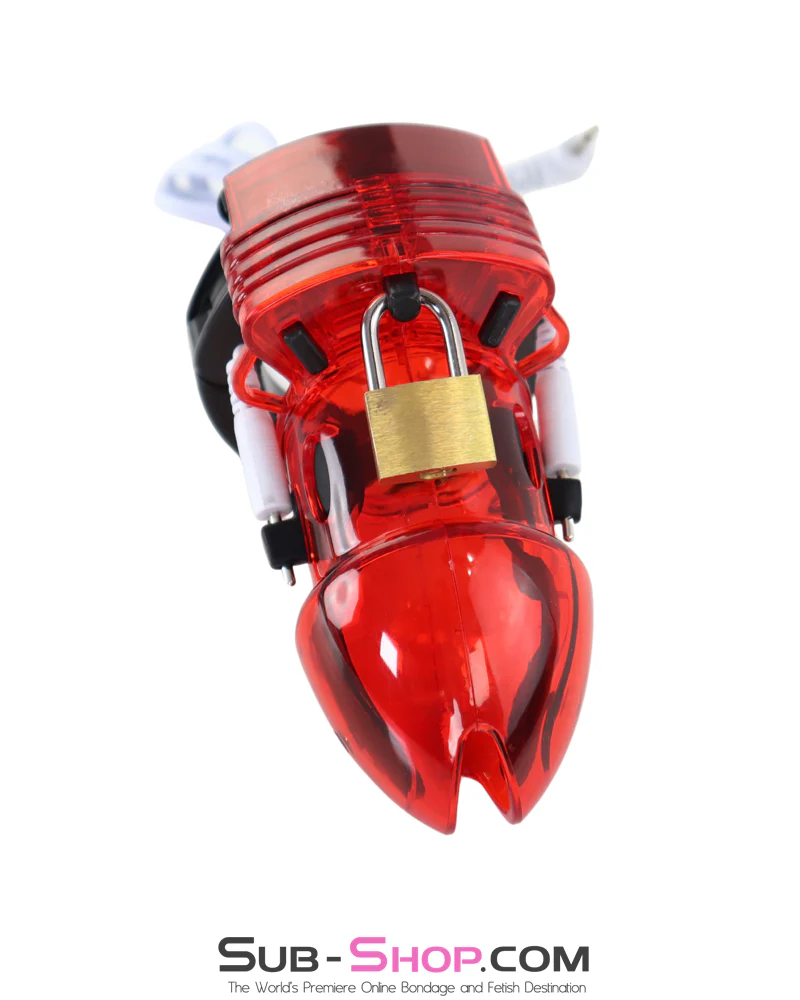 6935AR-SIS   Electro Male Locking Electric Chastity Cage with Spacers and E-Stim Cable, Red for Sissy Slut Training - Image 8