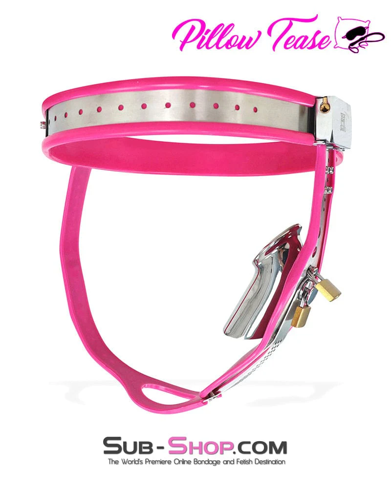 7913M      Sissy Bimbo Slut Feminizing Full Steel Chastity Belt with Pink Rubber Lining - Image 3