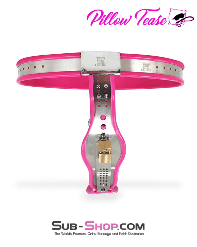 7913M      Sissy Bimbo Slut Feminizing Full Steel Chastity Belt with Pink Rubber Lining - Image 4