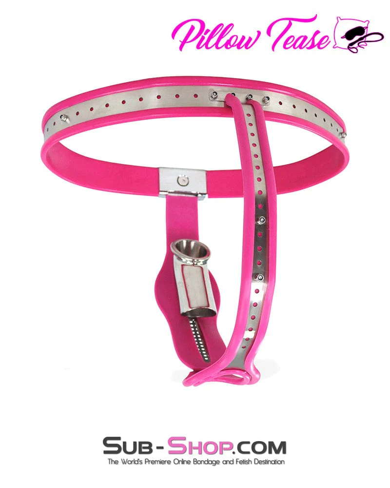 7913M      Sissy Bimbo Slut Feminizing Full Steel Chastity Belt with Pink Rubber Lining - Image 5