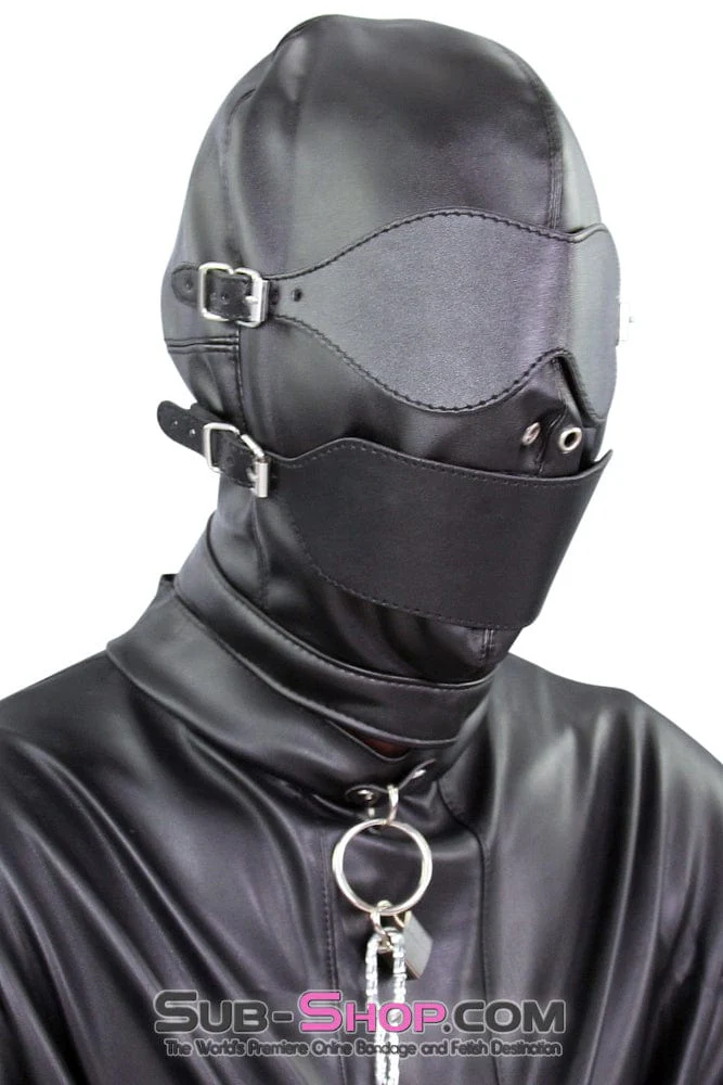 4758DL Solitary Confinement Full Hood with Buckling Blindfold, Ballgag and Gag Cover