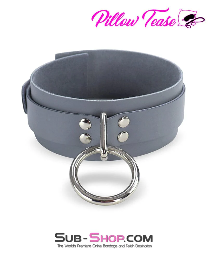 0654A Steel Grey Leather Bondage Collar - Image 2