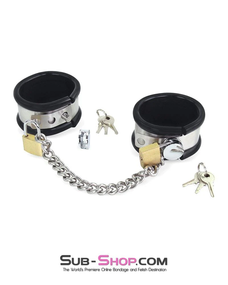 1344M Steel Your Heart Rubber Lined Stainless Steel Locking Wrist Cuffs - Image 5