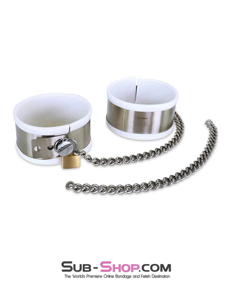 9345M White Rubber Lined Stainless Steel Locking Ankle Shackles - Image 2