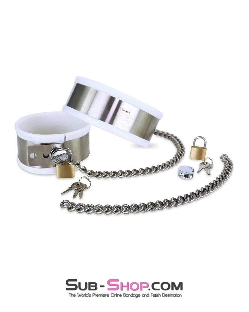 9345M White Rubber Lined Stainless Steel Locking Ankle Shackles - Image 3