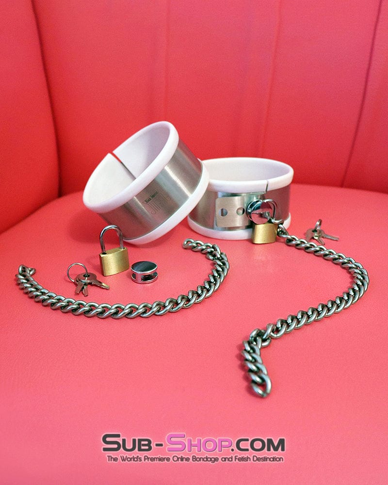 9345M White Rubber Lined Stainless Steel Locking Ankle Shackles - Image 4